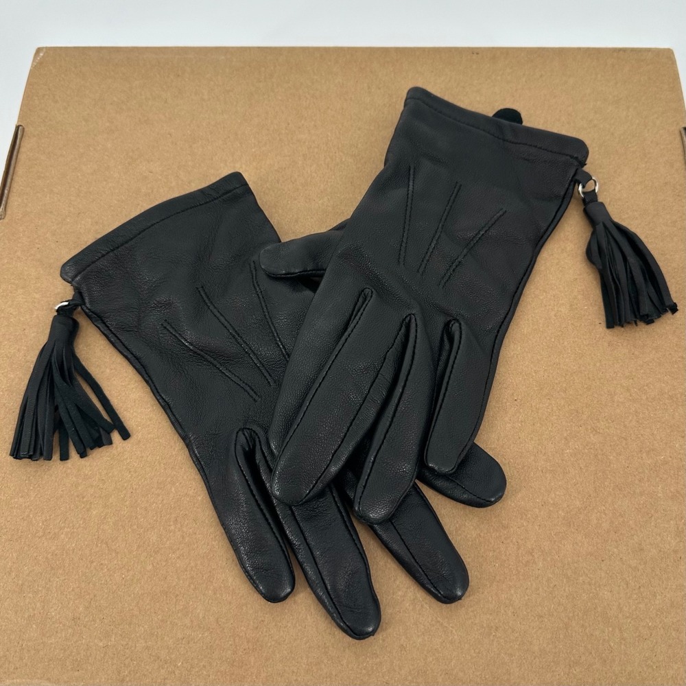 Black Genuine‎ Leather Tassel Gloves Women's Size Medium Chic Minimalist